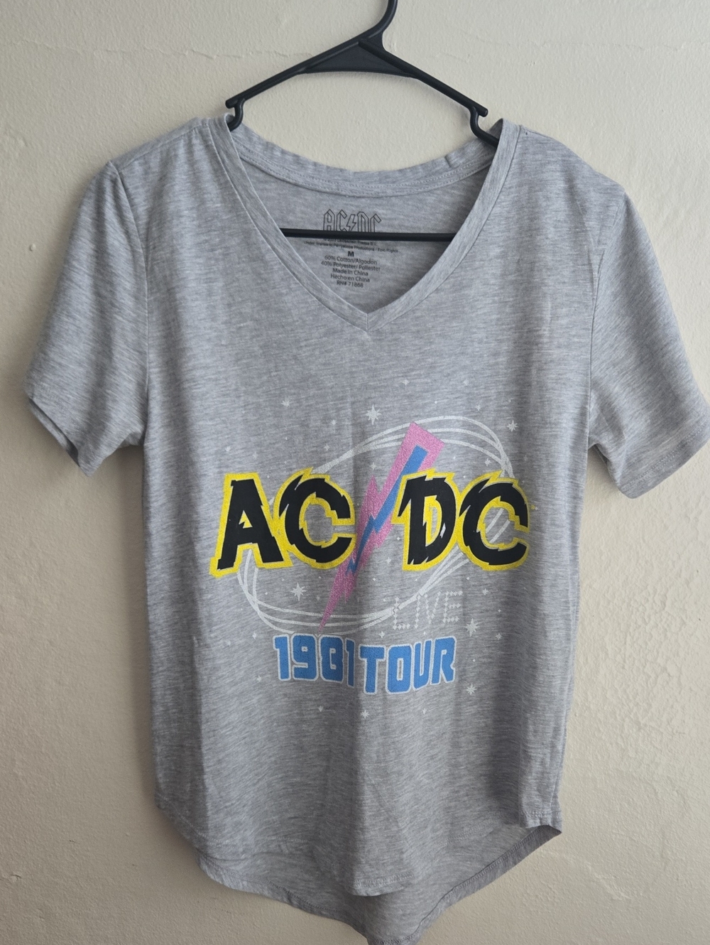 AC/DC Heather Gray Tee with Yellow & Blue Logo and Pink Lightning